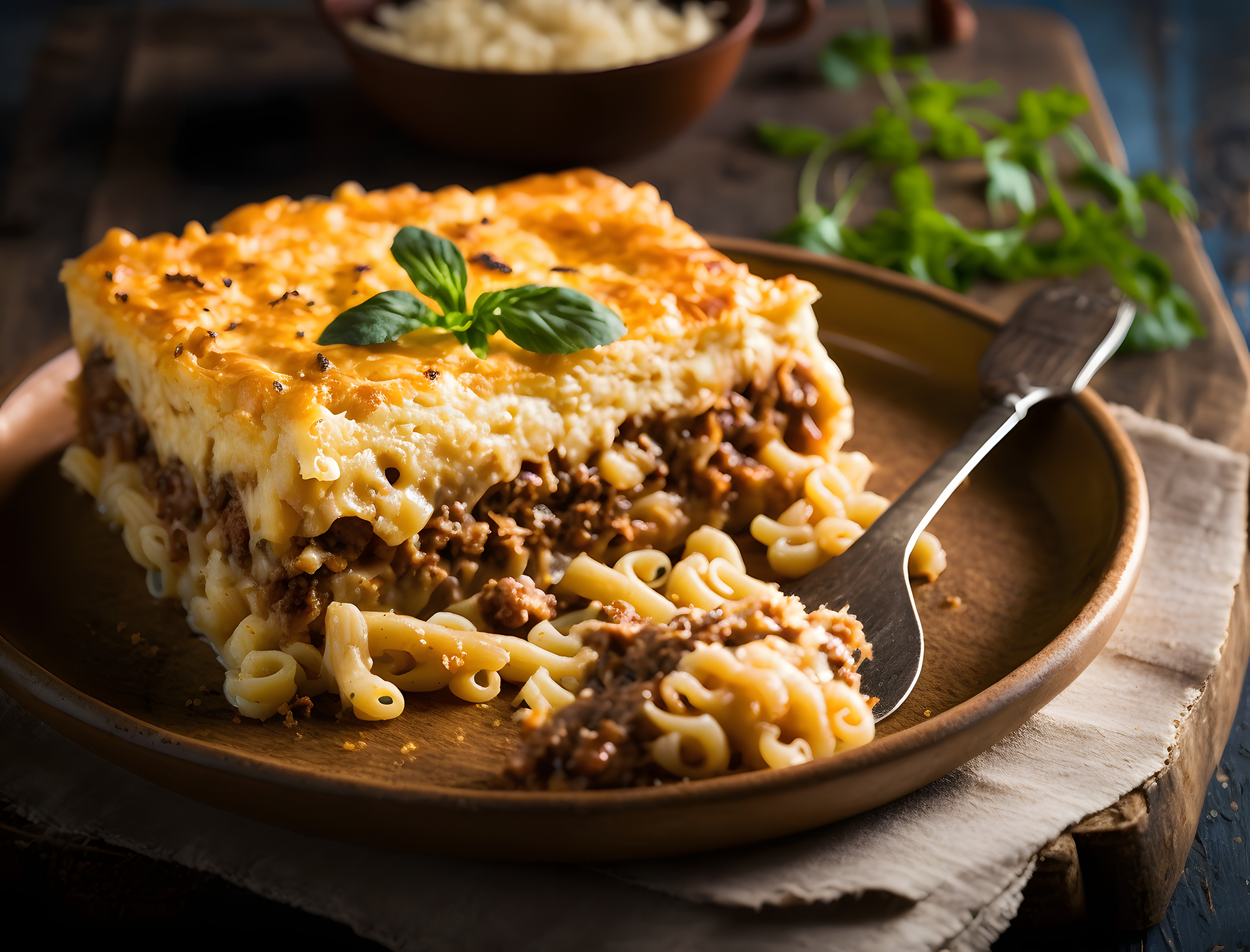 Baked pasta with layers of meat, béchamel sauce, and cheese
