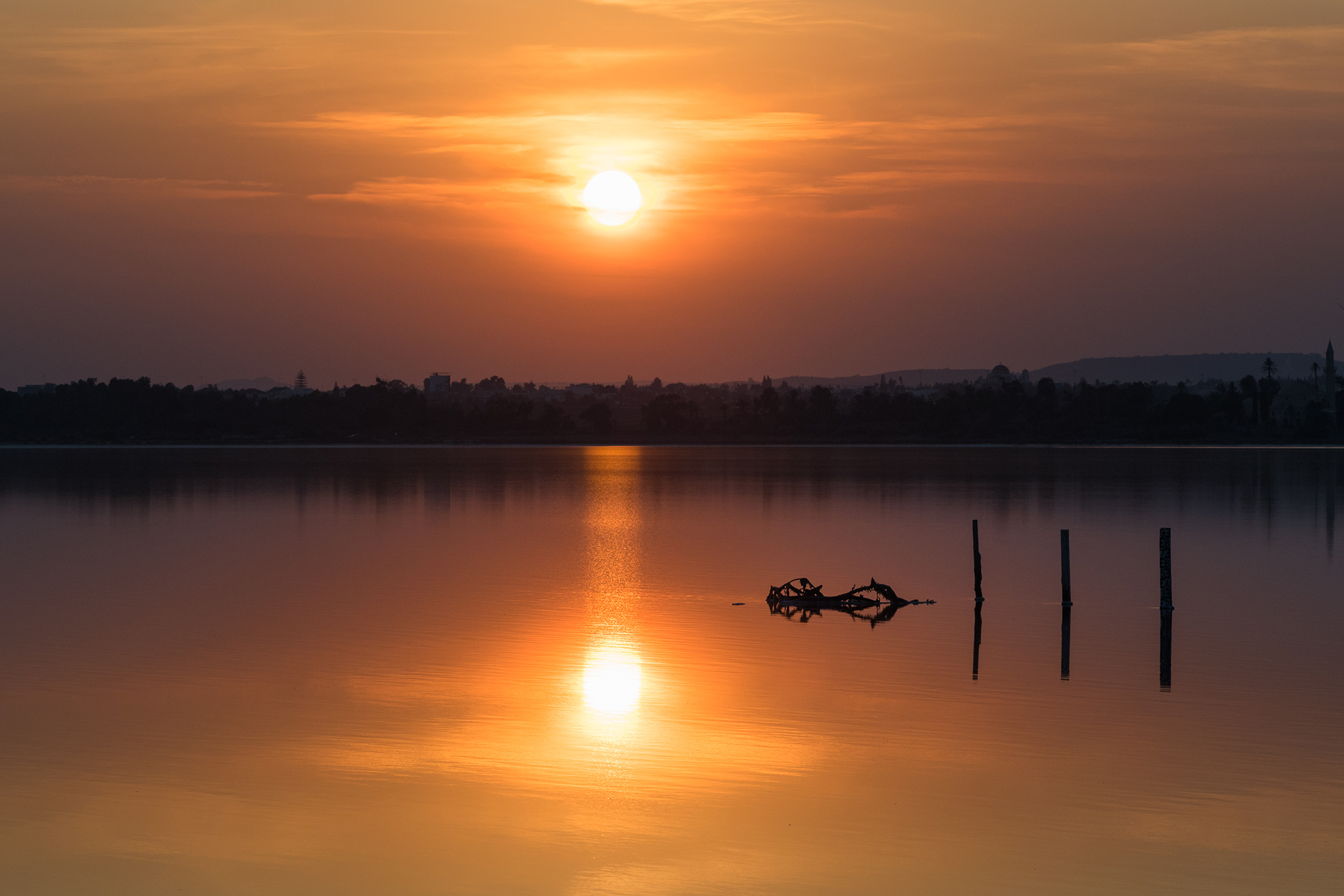 Larnaca Salt Lake transforms into a shimmering golden oasis during the soothing embrace of sunset